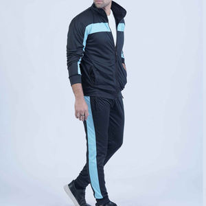 Survêtement pour homme noir et bleu à blocs de couleur, fermeture éclair intégrale, col montant, coupe classique, tenue sportive d'automne avec poches latérales - Product Image 2