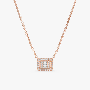 Collier classique en or 14K/18K avec diamants de laboratoire, géométrique, baguette et halo de diamants ronds, pendentif rectangulaire, chaîne pour femme - Product Image 3