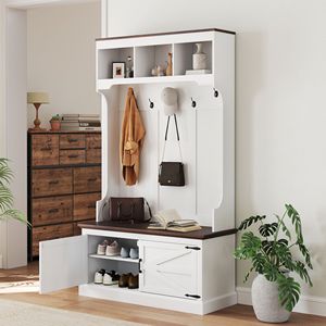 Appendiabiti da ingresso 3 in 1 in legno bianco con cinque ganci e panca porta scarpe, mobile per l'ingresso di casa - Product Image 2
