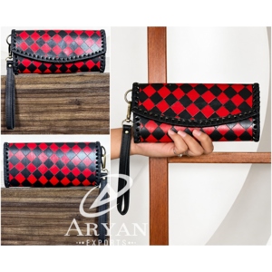 OEM & ODM Custom Tooled Cowhide Leather Long Wallet Red & Black Checkered Secure Cash Card & Coin Organizer Women's Clutch <b>Purse</b> - Product Image 1
