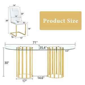 Tavolo da Pranzo Ovale di Lusso in Vetro Temperato da 71 Pollici con Sedie in PU Bianco di Alta Qualità con Doppia Colonna Dorata, Set da Pranzo - Product Image 4