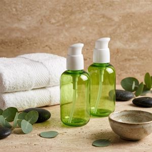 Cosmetic Bottle Round PET 80ml <b>Green</b> Plastic Treatment <b>Pump</b> Bottle for Skin Care Packaging Manufacturer Factory Vietnam - Product Image 4