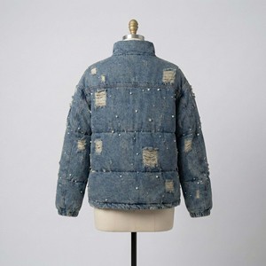 Chaqueta Acolchada Estilo Bomber Vintage de Otoño con Cuentas de Perlas y Tachuelas Metálicas, Cuello Alto, Estilo Casual y Urbano - Product Image 2