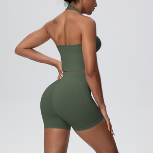 Conjunto de Yoga de 2 Piezas para Mujer, Verde Oliva, Top Corto Halter, Pantalones Cortos de Cintura Media, Sin Costuras, Transpirable, Cintura Elástica - Product Image 6