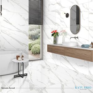 Azulejos de porcelana pulida con base blanca antideslizante y vetas grises, formato grande 60x120, diseño de suelo de mármol para baño, interior de villa. - Product Image 4