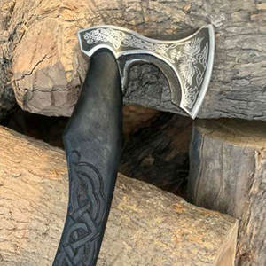 Viking Axe Industrial Grade Carbon Steel Blade Norse Culture Inspired Decorative <b>Tool</b> Wooden <b>Engraved</b> Head Collectible Display - Product Image 5