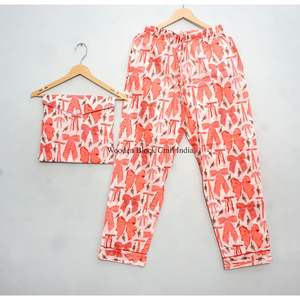 Nueva llegada: Conjunto de pijama de verano 100% algodón, lindo y sencillo, estampado a mano, suave, ligero y cómodo para mujer. - Product Image 5