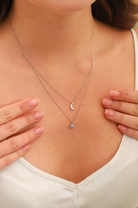 925 Sterling Silver Sun Moon Round Cubic Zirconia Bezel Set Rhodium Plated Pendant Minimalist Women Jewelry Chain <b>Necklace</b> - Product Image 4