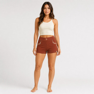 Shorts de Mujer de Cintura Alta con Bordado, Color Sólido, Transpirables, Tejidos en Spandex y Algodón, Cintura Elástica, Corte Regular, Estilo Casual - Product Image 6