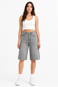Shorts Bermuda en jean gris pour femme, taille haute, longueur genou, avec broderie étoile, style décontracté et élégant pour l'été - Product Image 2