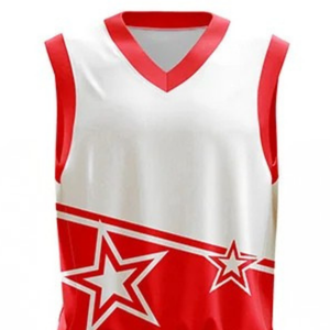 Ensemble d'uniformes de basketball personnalisés pour hommes, rouge et blanc, maillot sans manches à col en V et short à imprimé étoile, taille élastique, vêtements d'équipe en gros - Product Image 3