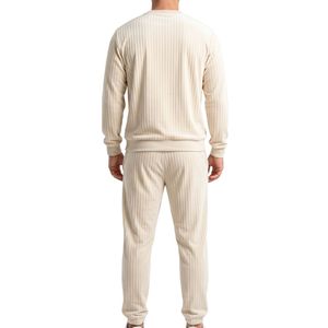 Conjunto Deportivo de Hombre, Cuello Redondo, Blanco, de Poliéster y Algodón, Sudadera Crema, Pantalones Deportivos, Felpa, 2 Piezas, Informal, para Entrenamiento - Product Image 2