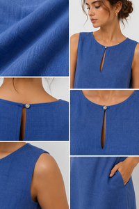 Vestido Maxi de Algodón para Mujer, Estilo Veraniego, Color Azul Rey, Cuello con Abertura, Sin Mangas, Casual, para Día a Día, para Damas, para Vacaciones - Product Image 5