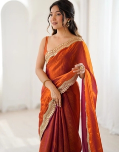KV Embellished Silk Wrinkle-Free Reversible Bollywood Satin <b>Saree</b> (<b>Orange</b>) for Party - Product Image 1