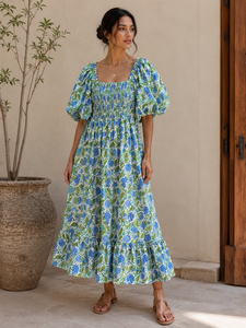 Floral Print A-Line Maxi Dress Smocked Square Neck Puff Sleeve Casual Summer Women Dress - Product Image 2
