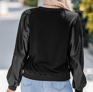 T-shirts respirants à manches en cuir PU, col rond, couleur noire unie, pour sports de plein air, décontractés, grandes tailles, vente en gros, OEM, ODM - Product Image 5