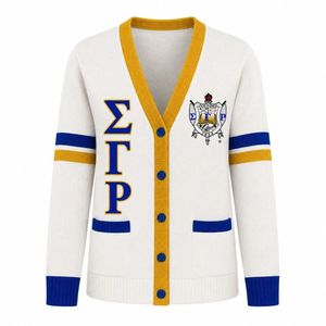 Cardigan boutonné Sigma Gamma Rho – Pull en maille brodé de lettres grecques de qualité supérieure, col en V classique, style décontracté pour sororité - Product Image 1
