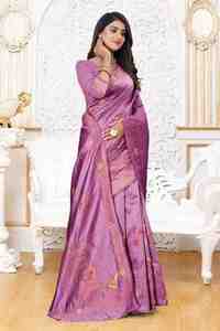 <b>Purple</b> Silk <b>Saree</b> with Floral Embroidery Women India Pakistan Traditional Party Wedding Wear Regular Fit Floor Length Quick Dry - Product Image 4