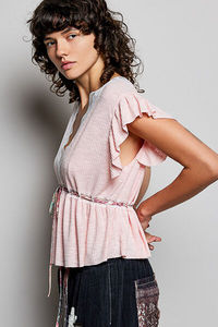 เสื้อเบลาส์แขนสั้นคอวีผูกด้วยลูกไม้ - Product Image 3