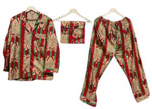 Pijama de algodón de 2 piezas con estampado de rayas rojas y verdes, manga larga, cuello vuelto, ropa de dormir cómoda para invierno, lavable a máquina - Product Image 2