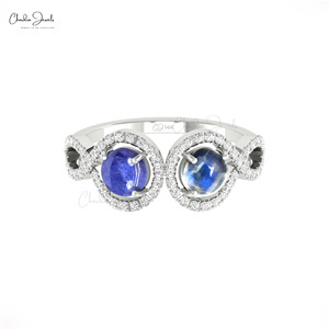 Anillo de compromiso de oro de 14k para mujer con doble halo, 0.9 CTW, con piedra cabujón redonda, piedra lunar arcoíris y diamantes. - Product Image 3