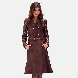 Women's Real Leather <b>Thick</b> Casual Trench <b>Coat</b> Breathable Long Length Stand Collar Windproof Elegant <b>Winter</b> Outerwear Solid Color - Product Image 2