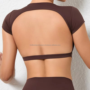 FONILBEST Haut de yoga sans dos à manches courtes dos nageur noir uni respirant pour femme, vêtements de sport, service OEM - Product Image 5