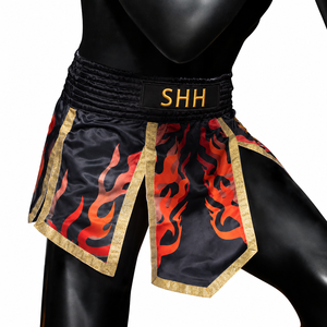 กางเกงมวยไทย SHH สีดำแดงลายเปลวไฟ สำหรับผู้ชาย MMA มวยสากล คิกบ็อกซิ่ง ฝึกซ้อม แข่งขัน ผ้าซาติน แห้งเร็ว โพลีเอสเตอร์ 100% พิมพ์ลายดิจิตอล - Product Image 5