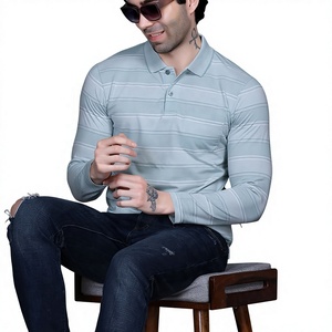 <b>Mens</b> Striped Long Sleeve <b>Polo</b> <b>Shirt</b> Mint Green Cotton Pique <b>Pocket</b> Collar Casual Top Apparel Manufacturer - Product Image 1