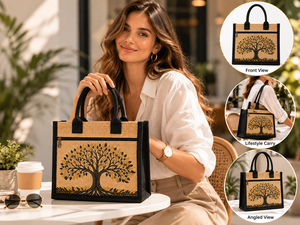 <b>tree</b> print laminated jute tote <b>bag</b> eco friendly reusable shopping <b>bag</b> with zipper pocket custom wholesale - Product Image 5