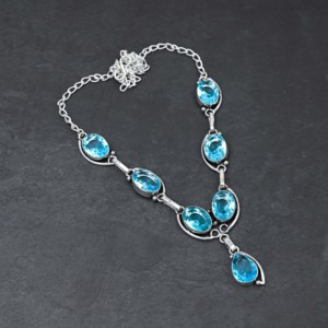 Collier personnalisé en argent sterling 925 plaqué, avec topaze bleue, fait main, pierre précieuse naturelle, idéal pour mariage et fête - Product Image 3