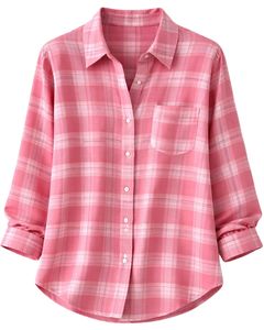 Chemise Tunique Décontractée Rose à Carreaux Grande Taille pour Femme, Manches Longues, en Flanelle Douce, Automne Hiver, Vente en Gros - Product Image 1