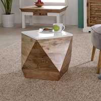 Table basse moderne géométrique en bois de manguier avec plateau en marbre, table centrale en bois massif pour salon.