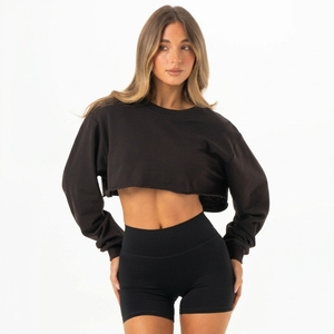 Custom Women Premium Solid Knitted Cropped Jersey Long Sleeve Crew Neck <b>Sweatshirt</b> Soft Cotton Blend Casual <b>Gym</b> Streetwear - Product Image 6