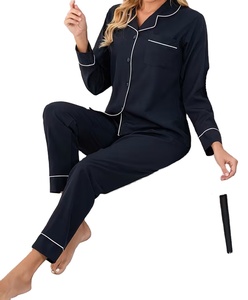 Pijamas de Invierno para Mujer, Primavera/Otoño, Manga Larga, Color Azul Marino Sólido, Cuello Camisero, Nuevo Conjunto Holgado para Estar en Casa, Talla Grande - Product Image 1