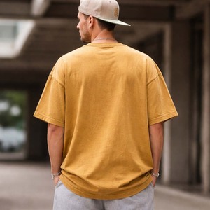 เสื้อยืดคอตตอนสีมัสตาร์ดฟอกสีสไตล์วินเทจสำหรับผู้ชาย เสื้อยืดลำลองแนวสตรีทแวร์ เสื้อเปล่าสำหรับฤดูร้อน - Product Image 5