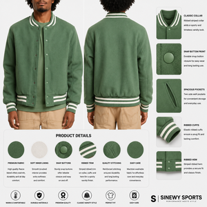 Veste de sport pour homme SINEWY SPORTS, verte, style varsity, en polaire, col à boutons pression, poignets côtelés rayés, chaude, confortable, style sportif d'automne - Product Image 1