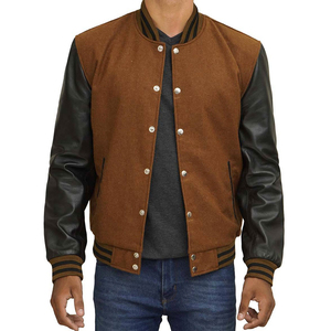 Wholesale Blank Men Letterman <b>Jacket</b> <b>Leather</b> Sleeves Black Bomber Varsity Baseball <b>Jacket</b> with Custom Logo OEM Service for Men - Product Image 1
