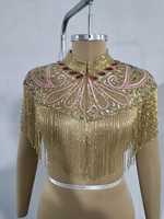 Blouse Cape Vintage de Luxe Dorée Brodée à la Main avec Franges Perlées, Col Rond, Paillettes et Pompons, Motif Floral Ethnique, Style Designer