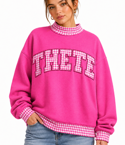 Sudadera Oversize de Cuello Alto para Mujer con Parches de Cuadros a la Inglesa, Estilo Casual Urbano y Universitario, de Tejido Grueso - Product Image 5