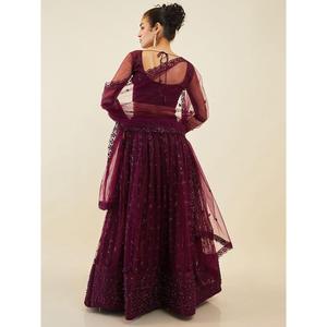 Stunning Wine Embroidered <b>Net</b> Wedding Wear Lehenga Choli With <b>Dupatta</b> - Product Image 5