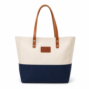 Sac fourre-tout en toile bicolore avec poignées en cuir, soufflet renforcé, personnalisable, extra large, vente en gros, promotionnel, pour boutiques et entreprises - Product Image 1