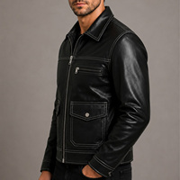 Blouson moto vintage en cuir d'agneau véritable noir pour homme, coupe ajustée, col rabattable, fermeture éclair, manches classiques, style hiver