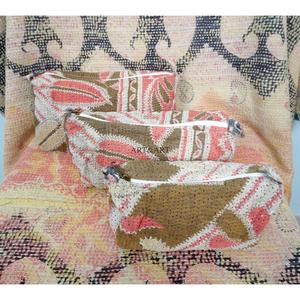 100% Pure Cotton Kantha Fabric Tassel Pattern Zipper Closure Eco-Friendly Durable Lightweight Multi-Purpose Large Makeup Bag - Product Image 4