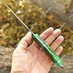 Couteau à lame fixe en acier Damas, pointe tombante, avec trou pour le pouce, pour bushcraft, chasse, camping, avec manche ergonomique en résine de pin - Product Image 3
