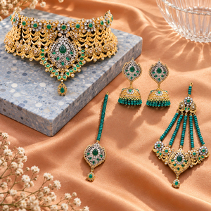 Ensemble de bijoux de mariée vert (collier ras-du-cou, jhumka, tikka, pasa) pour la vente en gros et la fabrication en vrac - Product Image 4