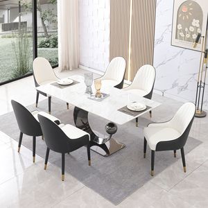 Set sala da pranzo da 71 pollici con Base a piedistallo tondo in acciaio al carbonio bianco Carrara 6 pz sedie con tavolo in pietra 6 pz - Product Image 3