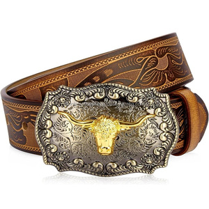 Ceintures en cuir à double relief Western pour hommes avec boucle gravée à fleurs à motif de taureau en corne dorée sculptée à la main - Product Image 1