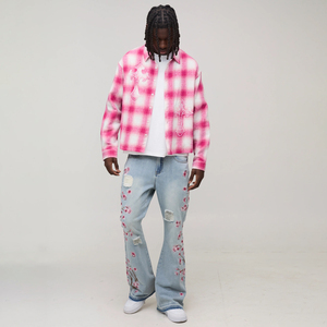 Floral <b>Embroider</b> Distressed Flared <b>Jean</b> for Men Streetwear Mid Waist Denim Pant Light Washed Relaxed Fit Ripped Men's <b>Jeans</b> - Product Image 4