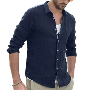 Chemises pour hommes en coton et lin de luxe, style rétro, col montant, cardigan décontracté à manches longues - Product Image 6